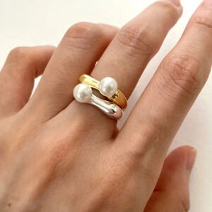 925 Sterling Silver Pearl Bar Ring Minimalist Geometric Dainty Pearl Ring